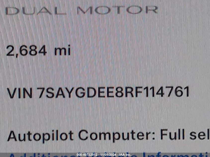 2024 Tesla Model Y Long Range Dual Motor All-Wheel Drive VIN: 7SAYGDEE8RF114761 Lot: 40732912