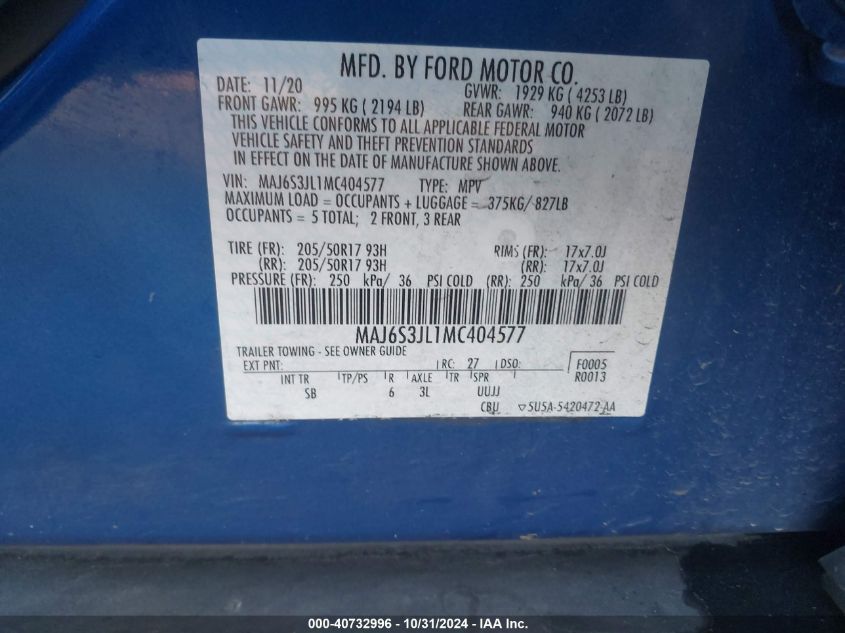 2021 Ford Ecosport Ses VIN: MAJ6S3JL1MC404577 Lot: 40732996