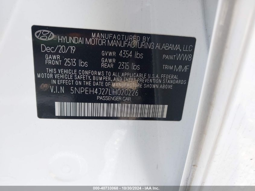 VIN 5NPEH4J27LH020226 2020 HYUNDAI SONATA LIMITED