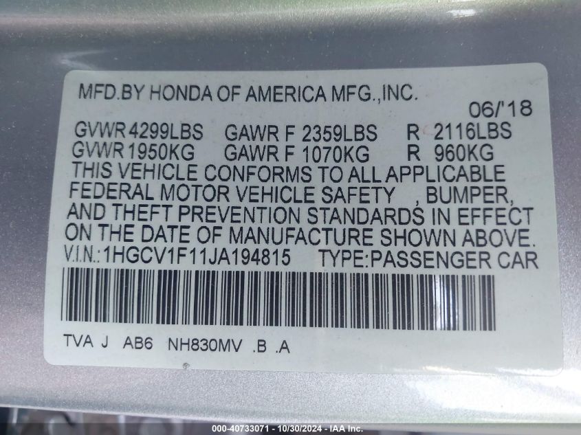 2018 Honda Accord Lx VIN: 1HGCV1F11JA194815 Lot: 40733071