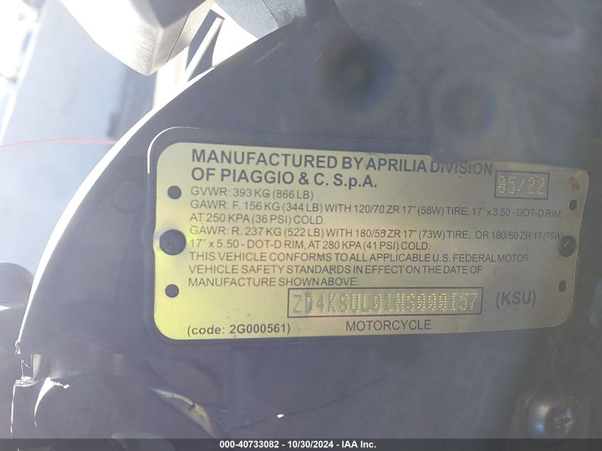 2022 Aprilia Tuono 660 VIN: ZD4KSUL01NS000157 Lot: 40733082