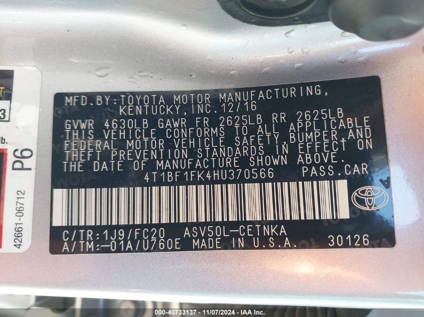 2017 TOYOTA CAMRY VIN: 4T1BF1FK4HU370566