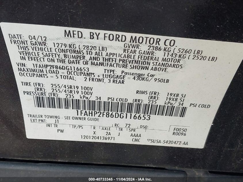 2013 Ford Taurus Limited VIN: 1FAHP2F86DG116653 Lot: 40733345