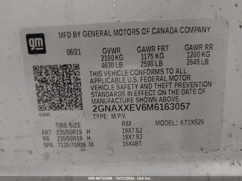 2021 Chevrolet Equinox Awd Premier VIN: 2GNAXXEV6M6163057 Lot: 40733366