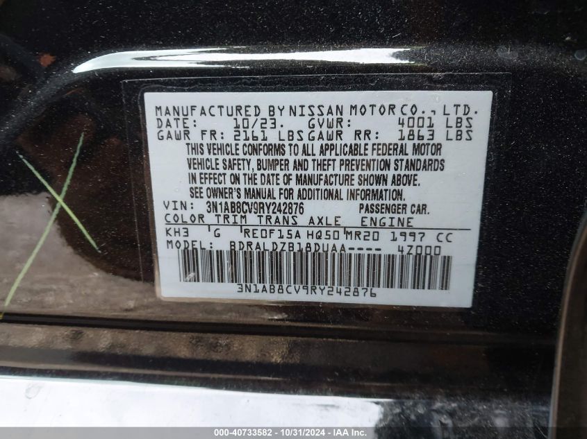 2024 Nissan Sentra Sv Xtronic Cvt VIN: 3N1AB8CV9RY242876 Lot: 40733582