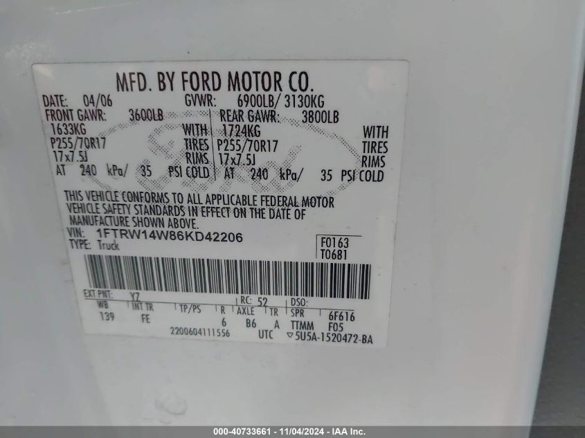 2006 Ford F-150 Xlt VIN: 1FTRW14W86KD42206 Lot: 40733661