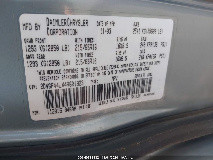 2004 Dodge Grand Caravan Sxt VIN: 2D4GP44LX4R601923 Lot: 40733932