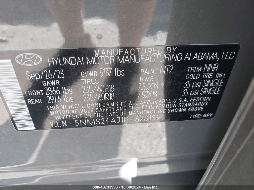 2023 Hyundai Santa Fe Sel VIN: 5NMS24AJ1PH628189 Lot: 40733998