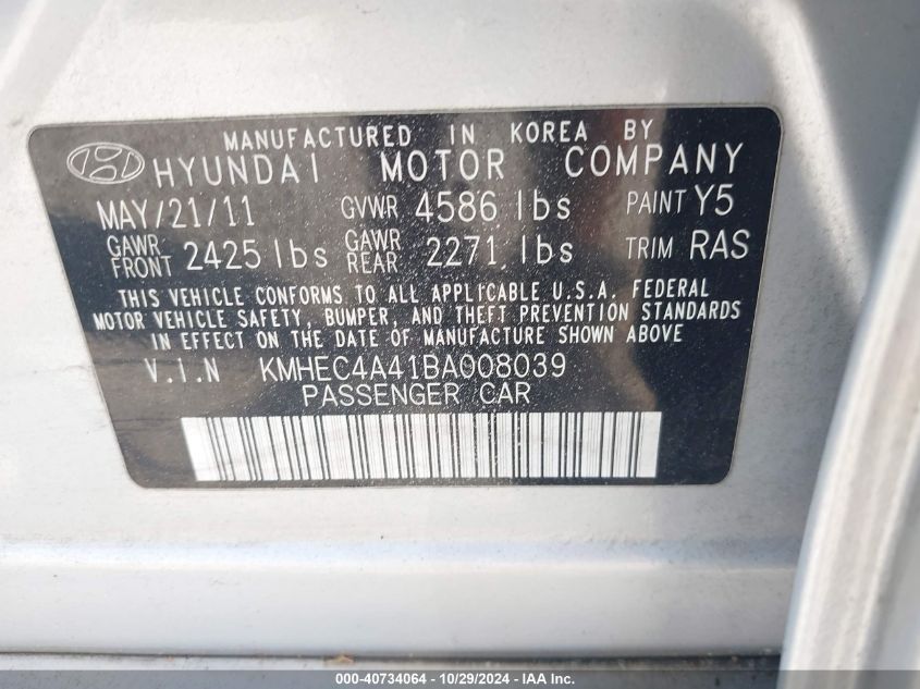 2011 Hyundai Sonata Hybrid VIN: KMHEC4A41BA008039 Lot: 40734064