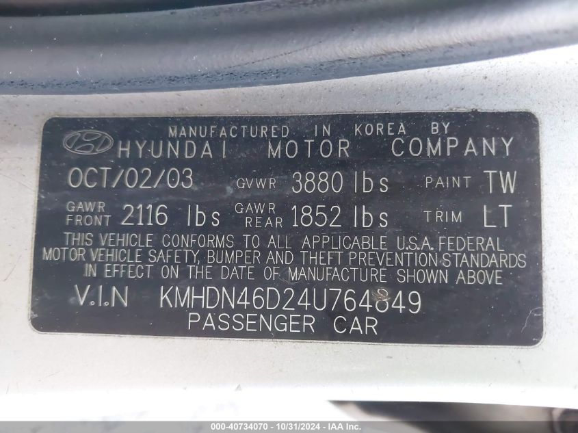 2004 Hyundai Elantra Gls/Gt VIN: KMHDN46D24U764849 Lot: 40734070