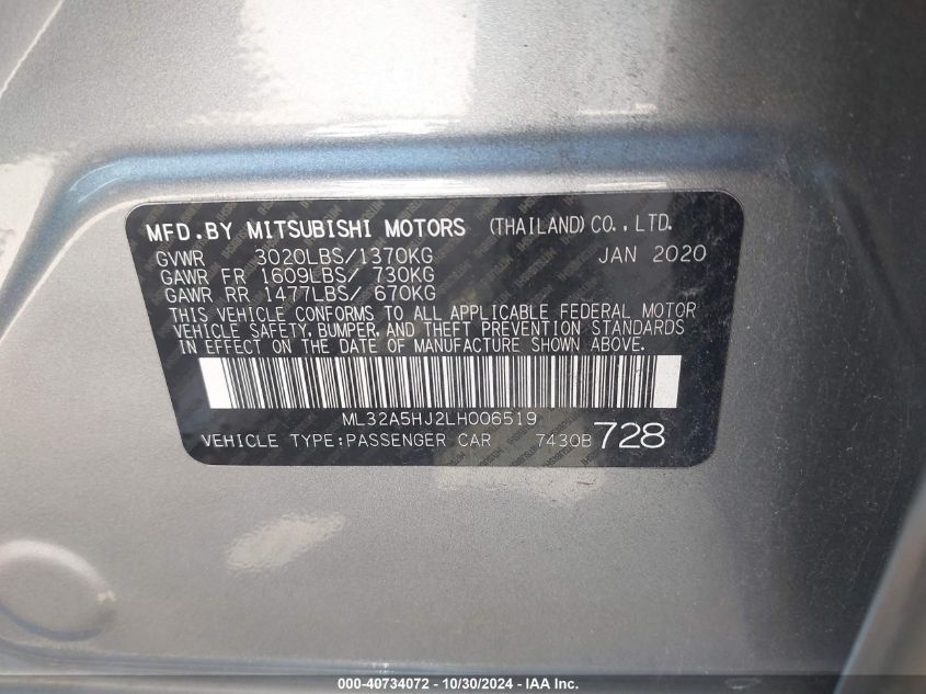 2020 Mitsubishi Mirage Le VIN: ML32A5HJ2LH006519 Lot: 40734072