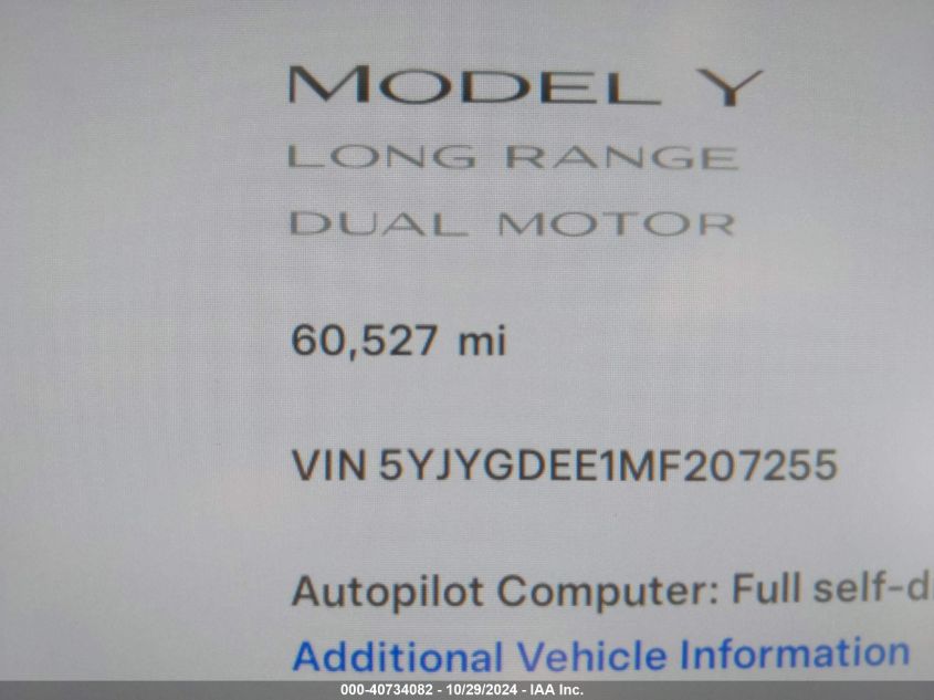 2021 Tesla Model Y Long Range Dual Motor All-Wheel Drive VIN: 5YJYGDEE1MF207255 Lot: 40734082