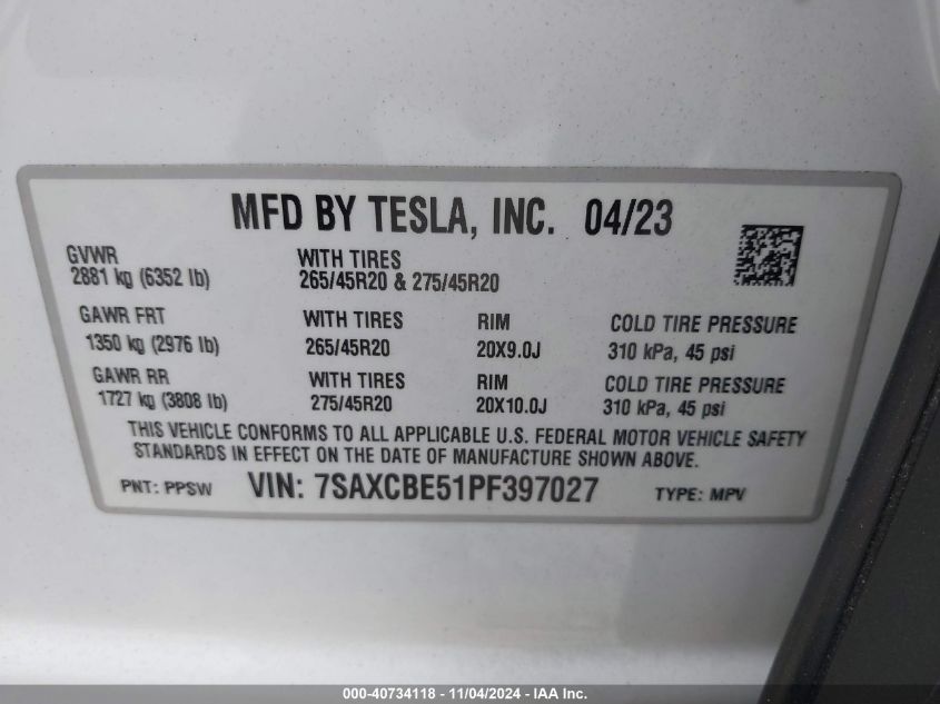 2023 Tesla Model X Dual Motor All-Wheel Drive/Standard Range VIN: 7SAXCBE51PF397027 Lot: 40734118