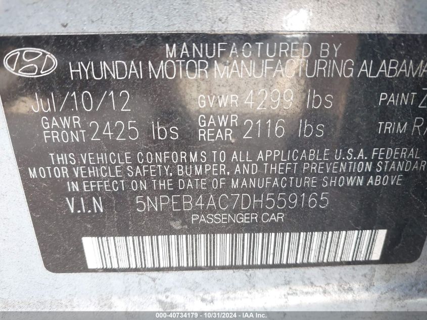 2013 Hyundai Sonata Gls VIN: 5NPEB4AC7DH559165 Lot: 40734179