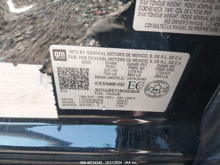 2022 GMC Sierra 1500 4Wd Short Box At4/4Wd Standard Box At4 VIN: 3GTUUEET1NG503609 Lot: 40734349