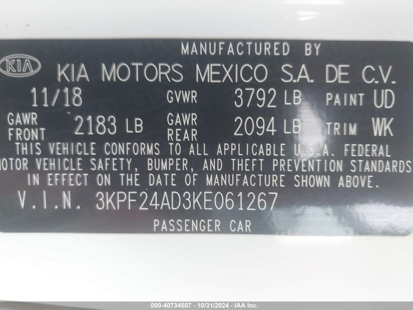 2019 KIA FORTE LXS - 3KPF24AD3KE061267