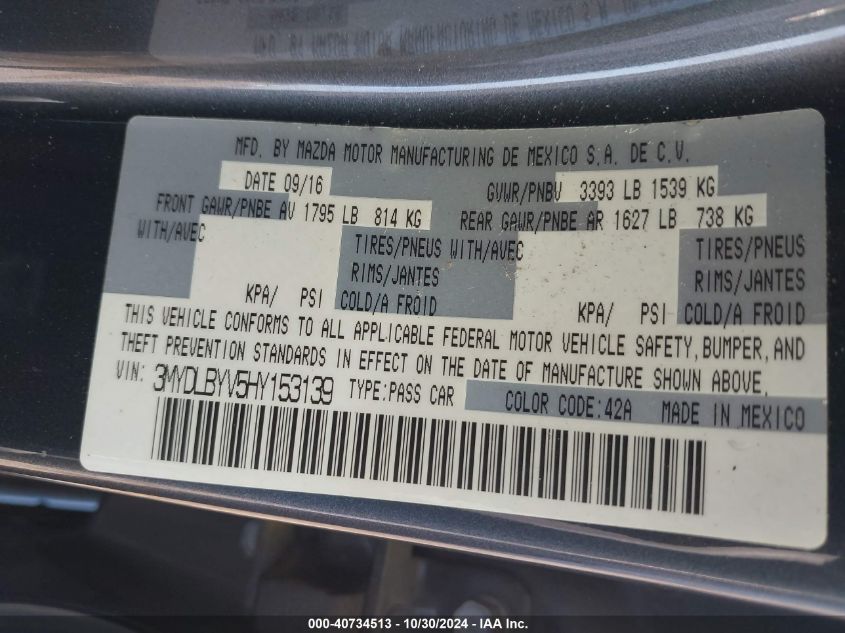 VIN 3MYDLBYV5HY153139 2017 TOYOTA YARIS IA