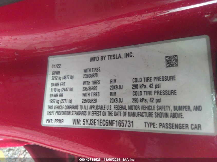 2022 Tesla Model 3 Performance Dual Motor All-Wheel Drive VIN: 5YJ3E1EC6NF165731 Lot: 40734525