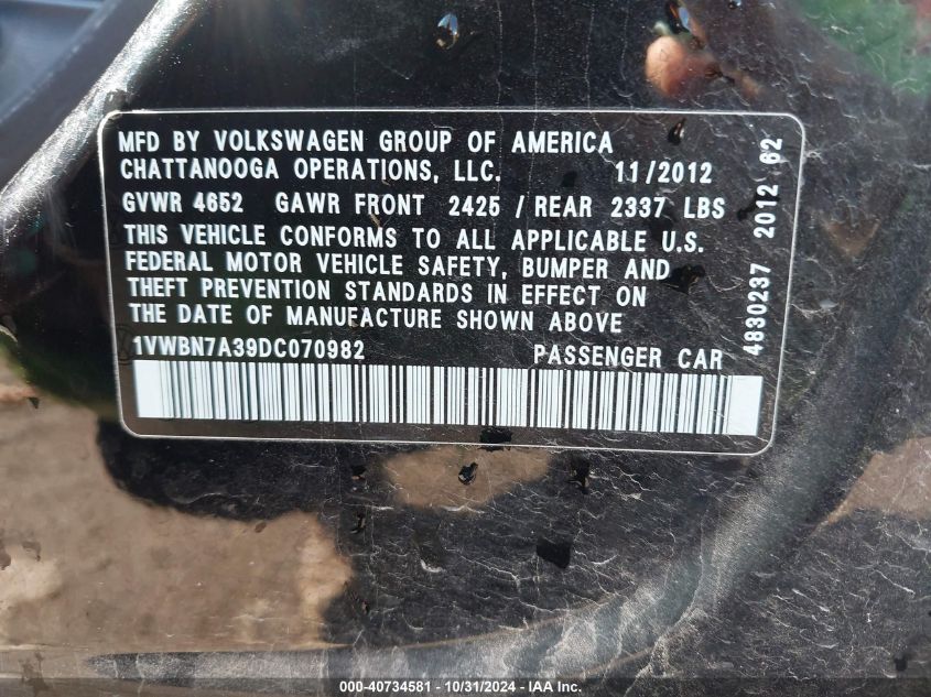 2013 VOLKSWAGEN PASSAT 2.0L TDI SE - 1VWBN7A39DC070982