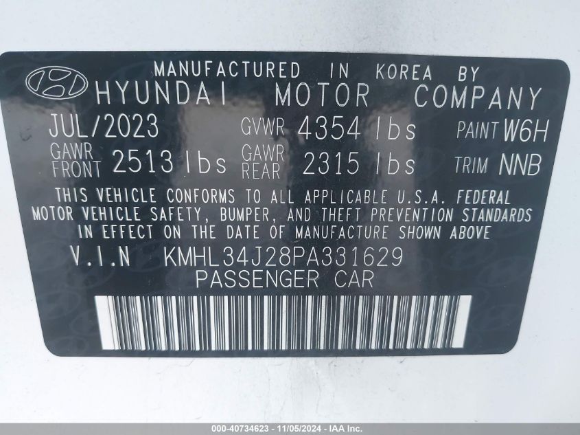 2023 Hyundai Sonata Limited VIN: KMHL34J28PA331629 Lot: 40734623