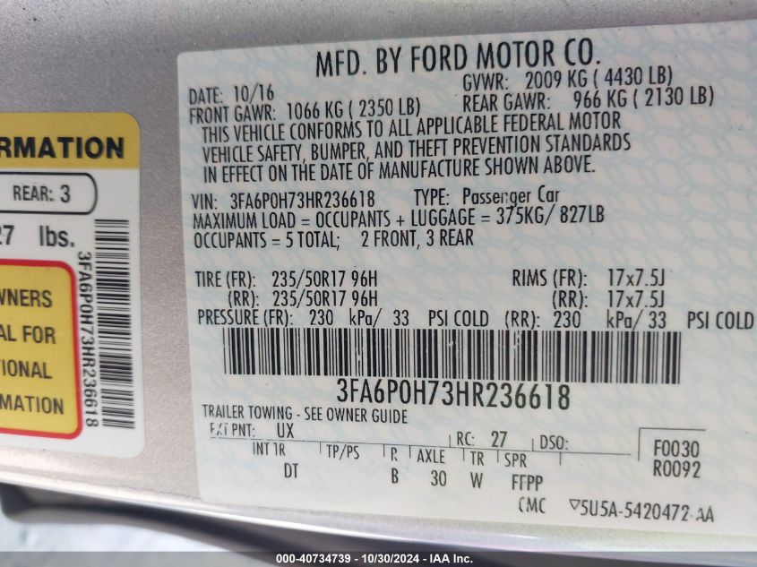 2017 Ford Fusion Se VIN: 3FA6P0H73HR236618 Lot: 40734739