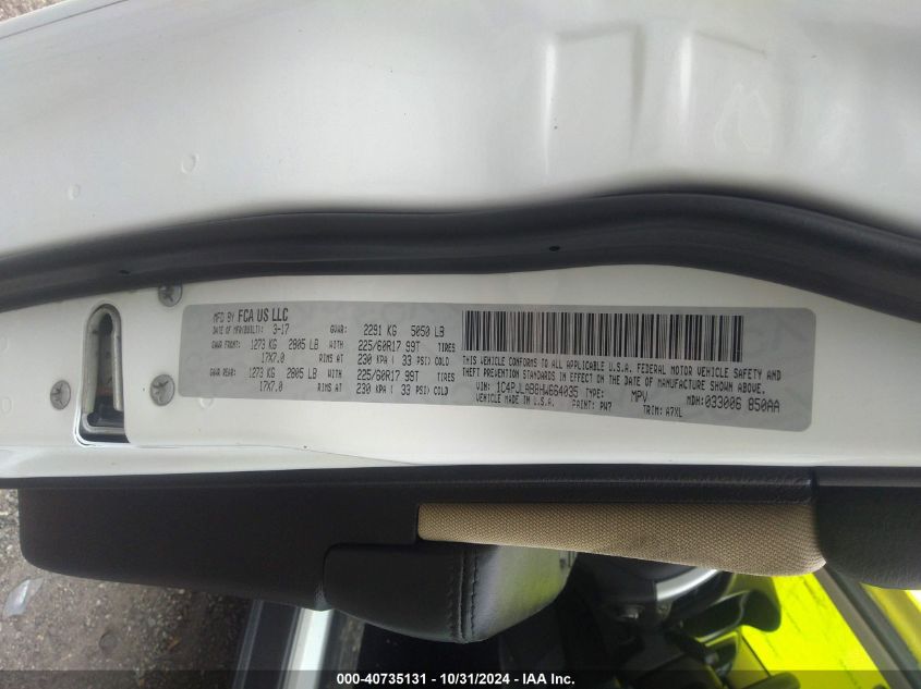 2017 JEEP CHEROKEE SPORT FWD - 1C4PJLAB8HW664035