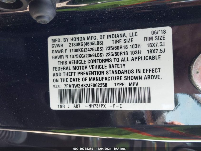 2018 Honda Cr-V Ex-L/Ex-L Navi VIN: 7FARW2H82JE062258 Lot: 40735289