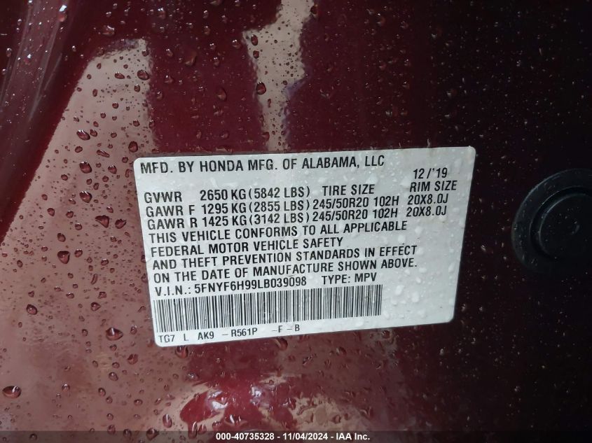 2020 Honda Pilot Touring VIN: 5FNYF6H99LB039098 Lot: 40735328
