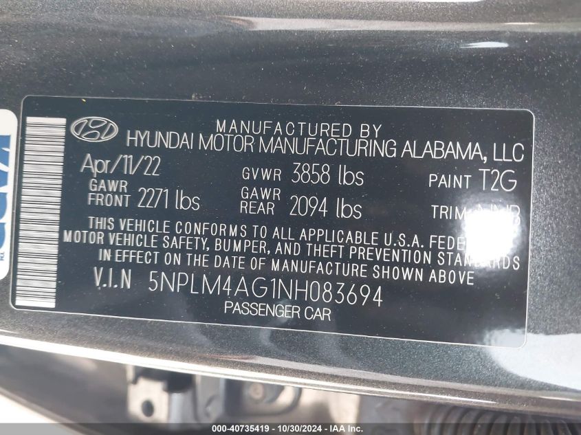 2022 Hyundai Elantra Sel VIN: 5NPLM4AG1NH083694 Lot: 40735419