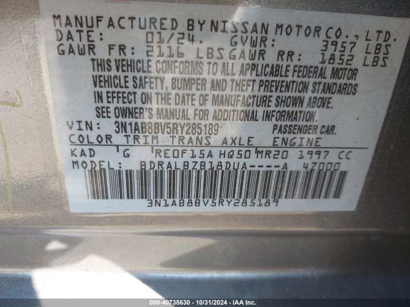 2024 Nissan Sentra S Xtronic Cvt VIN: 3N1AB8BV5RY285189 Lot: 40735630