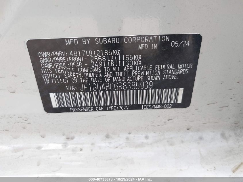 2024 SUBARU IMPREZA BASE 5-DOOR - JF1GUABC6R8385939