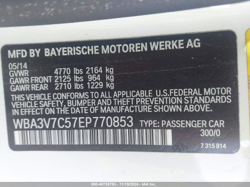 2014 BMW 428I VIN: WBA3V7C57EP770853 Lot: 40735753