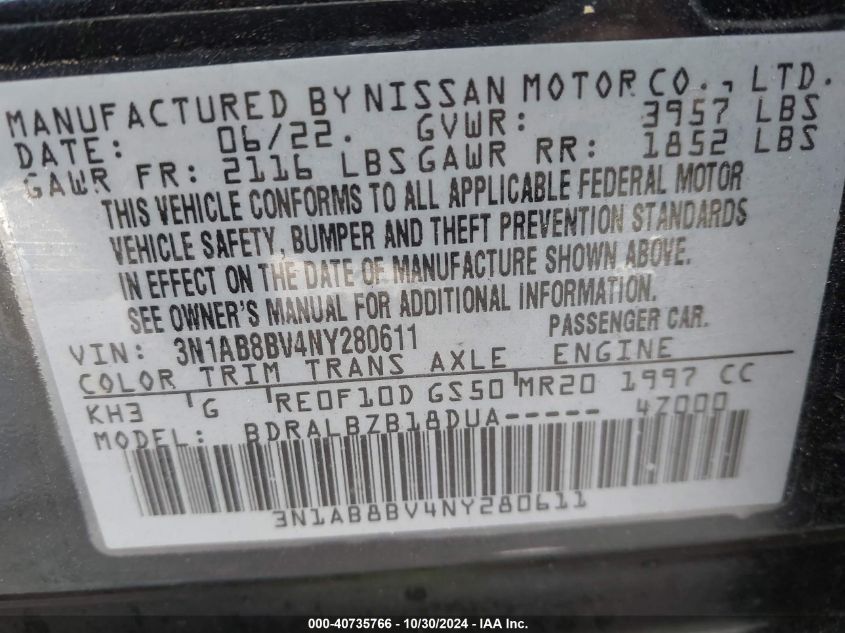 2022 Nissan Sentra S Xtronic Cvt VIN: 3N1AB8BV4NY280611 Lot: 40735766