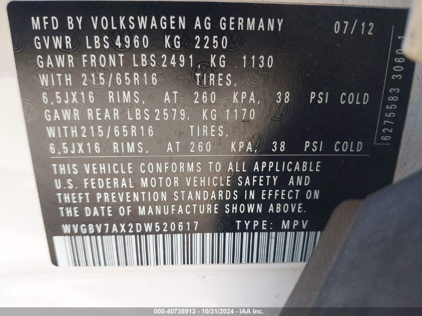 2013 Volkswagen Tiguan S VIN: WVGBV7AX2DW520617 Lot: 40735913