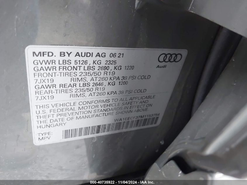 2021 Audi Q3 Premium Plus 45 Tfsi S Line Quattro Tiptronic VIN: WA1EECF37M1153754 Lot: 40735922