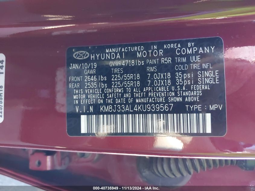 2019 Hyundai Tucson Ultimate VIN: KM8J33AL4KU939567 Lot: 40735949