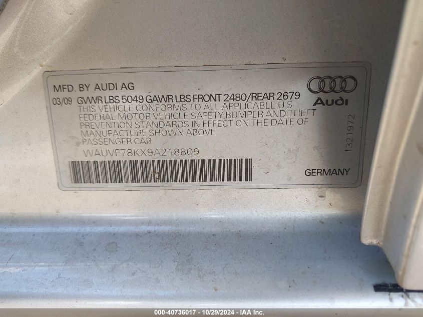 2009 Audi A4 2.0T Avant VIN: WAUVF78KX9A218809 Lot: 40736017