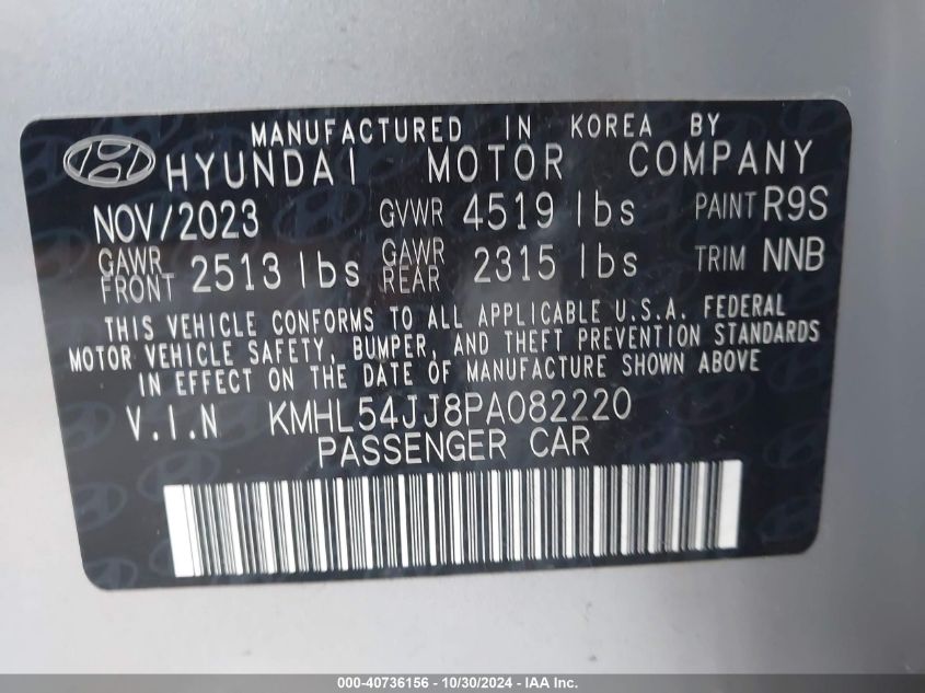 2023 Hyundai Sonata Hybrid Limited VIN: KMHL54JJ8PA082220 Lot: 40736156