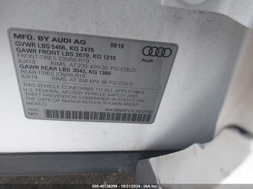 2020 Audi Q5 Premium Plus 45 Tfsi Quattro S Tronic VIN: WA1BNAFY7L2012758 Lot: 40736399