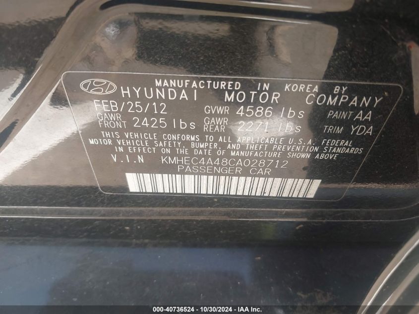 2012 Hyundai Sonata Hybrid VIN: KMHEC4A48CA028712 Lot: 40736524