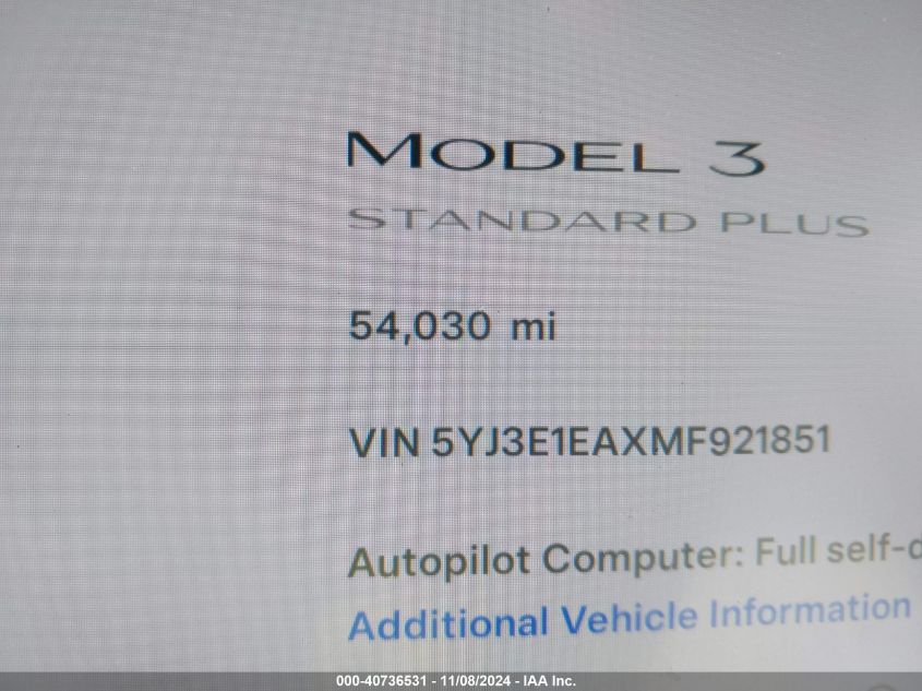 2021 Tesla Model 3 Standard Range Plus Rear-Wheel Drive VIN: 5YJ3E1EAXMF921851 Lot: 40736531