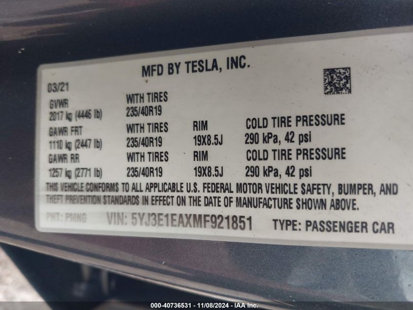 2021 Tesla Model 3 Standard Range Plus Rear-Wheel Drive VIN: 5YJ3E1EAXMF921851 Lot: 40736531