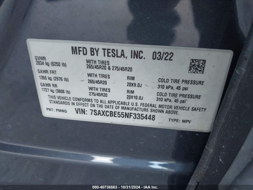 2022 Tesla Model X Dual Motor All-Wheel Drive VIN: 7SAXCBE55NF335448 Lot: 40736563