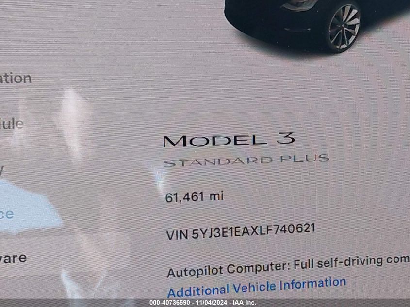 2020 Tesla Model 3 Standard Range Plus Rear-Wheel Drive/Standard Range Rear-Wheel Drive VIN: 5YJ3E1EAXLF740621 Lot: 40736590