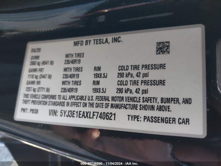 2020 TESLA MODEL 3 STANDARD RANGE PLUS REAR-WHEEL DRIVE/STANDARD RANGE REAR-WHEEL DRIVE - 5YJ3E1EAXLF740621