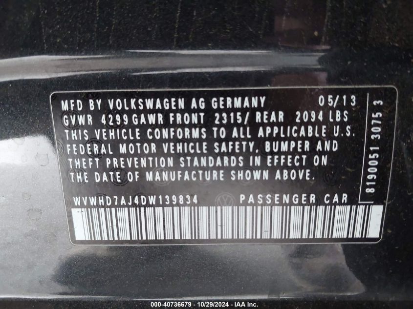 2013 Volkswagen Gti Wolfsburg Edition VIN: WVWHD7AJ4DW139834 Lot: 40736679