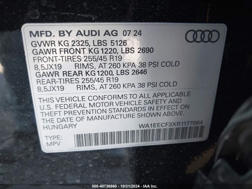 2024 Audi Q3 Premium Plus 45 Tfsi S Line Quattro Tiptronic VIN: WA1EECF3XR1177084 Lot: 40736860