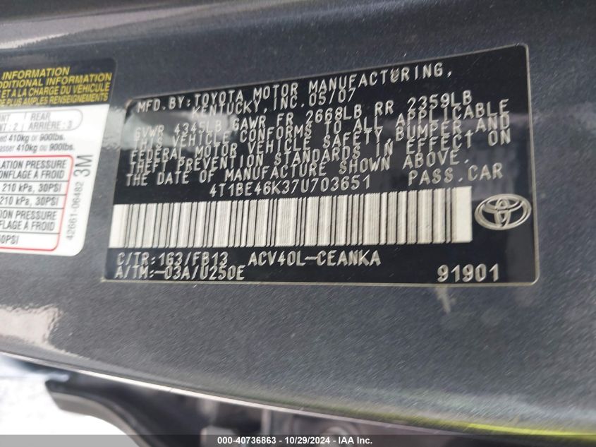 2007 Toyota Camry Le VIN: 4T1BE46K37U703651 Lot: 40736863