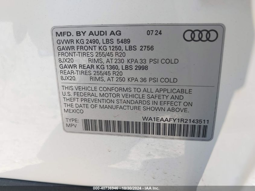 2024 Audi Q5 Premium Plus 45 Tfsi S Line Quattro VIN: WA1EAAFY1R2143511 Lot: 40736946