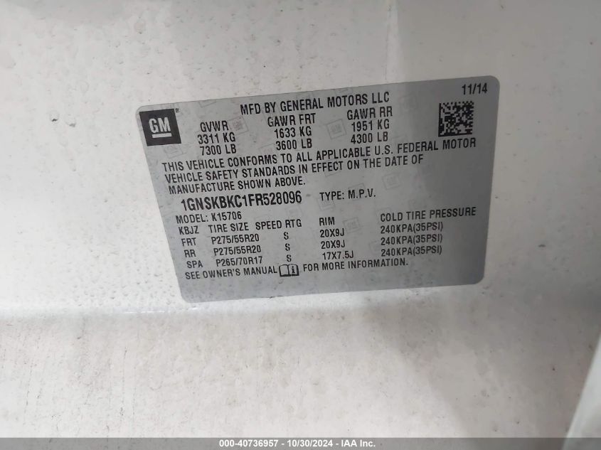 2015 CHEVROLET TAHOE LT - 1GNSKBKC1FR528096